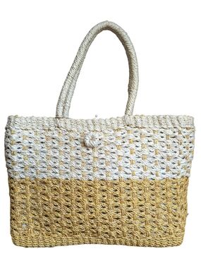 Woven Straw Tote Purse Cream Tan Shoulder Bag Lined Zip Top Beachy Boho